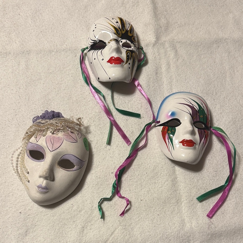 Decorative Venetian-style Mask Trio - White with Colorful Accents